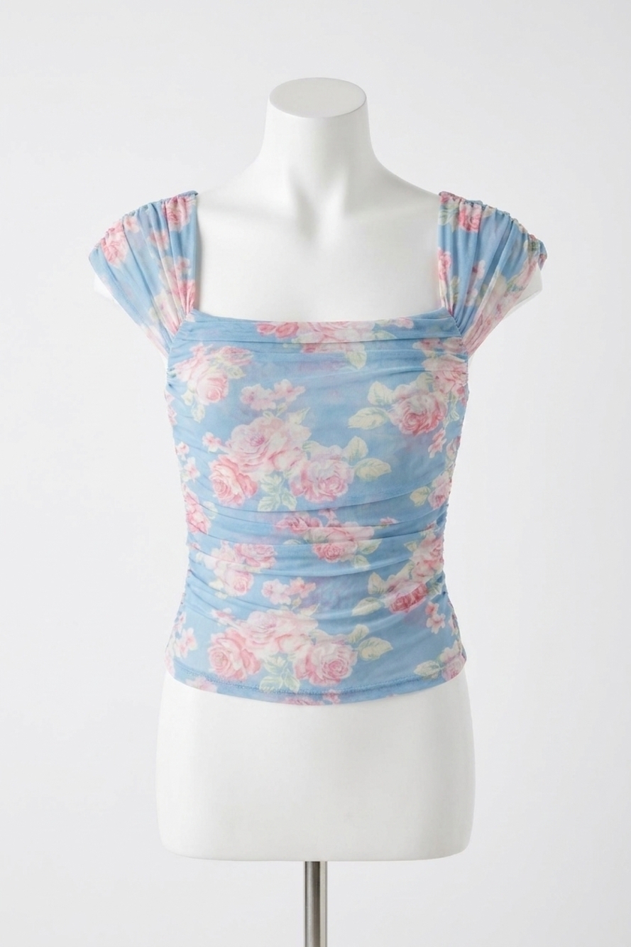 NEW LISTICLE romantic double-layer floral mesh top in light blue